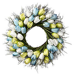 CC Christmas Decor Tulips Bristle Branched Spring Floral Wreath, Blue 22-Inch