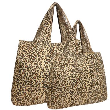 Wrapables Large & Small Foldable Tote Nylon Reusable Grocery Bags, Set of 2, Leopard Print. View a larger version of this product image.