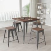 Merrick Lane Set of 4 Hamburg 24 Inch Tall Clear Coated Gray Metal Bar Counter Stool With Textured Walnut Elm Wood Seat