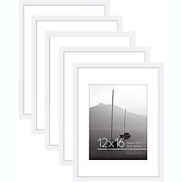 Americanflat 12x16 Picture Frame in White - Displays 8.5x11 With Mat and 12x16 Without Mat - Set of 5 Frames with Sawtooth Hanging Hardware For Horizontal and Vertical Display