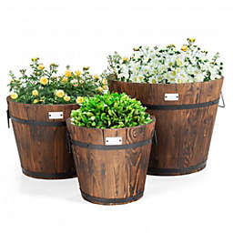 3 Pieces Wooden Planter Barrel Set with Multiple Size for Decorative Flower Bed