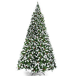 Costway Pre-lit Snow Flocked Christmas Tree with Red Berries and LED Lights
