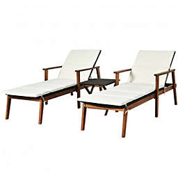 Costway 3 Pieces Protable Patio Cushioned Rattan Lounge Chair Set with Folding Table-White