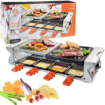 MasterChef Dual Cheese Raclette Table Grill w Non-stick Grilling Plate and Cooking Stone- Deluxe 8 Person Electric Tabletop Cooker- Melt Cheese and Grill Meat and Vegetables at Once- 19" x 8" x 4.5"