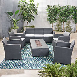 Contemporary Home Living 7pc Gray Outdoor Patio Chat Set and Tank Holder with Fire Pit 67.5