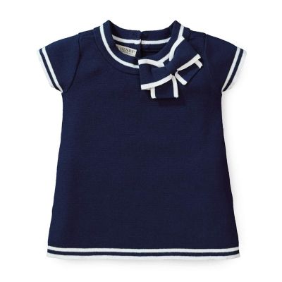 Hope & Henry Girls&#39; Full Milano Tipped Short Sleeve Sweater - Navy with White Tipping, Size  3-6 Months