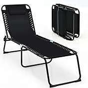 Gymax Folding Beach Lounger Chaise Lounge Chair w/ Pillow 4-Level Backrest Grey/Black