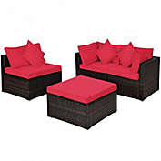 Costway 4 Pcs Ottoman Garden Deck Patio Rattan Wicker Furniture Set Cushioned Sofa-Red