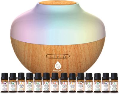 Pursonic Aromatherapy Diffuser & Essential Oil Set-Ultrasonic Top 14 Oils-300ml with 2 Mist Settings 7 Ambient Light Settings--Therapeutic Grade Oils