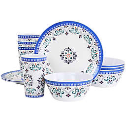 Gibson Everyday Alhambra Blues 12 Piece Melamine Dinnerware Set in Blue and White