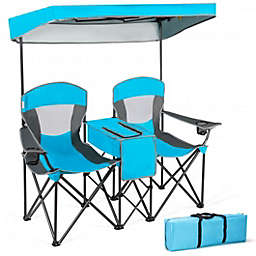 Costway Portable Folding Camping Canopy Chairs with Cup Holder-Blue