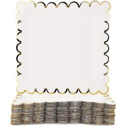 Juvale 48-Count White Square Paper Party Plates with Gold Foil Scalloped Edge, 7 Inches