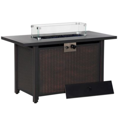 Outsunny 43" Propane Gas Fire Pit Table, 50,000BTU Wicker Auto Ignition Gas Firepit with Glass Wind Guard, Blue Glass Rock and Lid, CSA Certification for Outdoor, Patio, Bronze