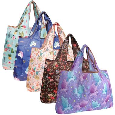 Wrapables Large Foldable Tote Nylon Reusable Grocery Bags, 5 Pack, Mythical Paradise. View a larger version of this product image.
