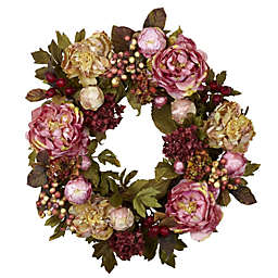 Nearly Natural Peony Hydrangea Artificial Spring Floral Wreath, Pink and Red - 24-Inch