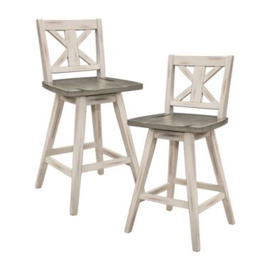 Lazzara Home Fenton 37.5 in. Distressed Gray and White Full Back Wood Frame Swivel Dining Bar Stool with Cross Back Wooden Seat (Set of 2). View a larger version of this product image.