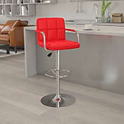 Flash Furniture Contemporary Red Quilted Vinyl Adjustable Height Barstool with Arms and Chrome Base