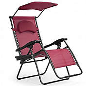 Costway-CA Folding Recliner Lounge Chair with Shade Canopy Cup Holder-Wine