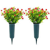 Bright Creations Red Artificial Flowers for Cemetery with 2 Cone Vases, Small Bouquets for Grave Decorations (8.6 x 13 Inches, 6 Bundles)