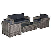 Outsunny 4-Piece Cushioned Patio Furniture Set, with 2 Chairs, Loveseat, and Glass Coffee Table, Rattan Wicker, Grey