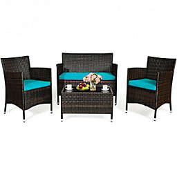 Costway 4 Pcs Rattan Outdoor Patio Conversation Furniture Set with Glass Table and Comfortable Wicker Sectional Sofa