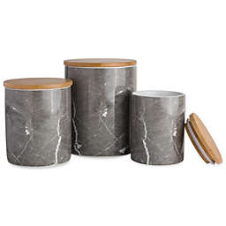 Contemporary Home Living Set of 3 Marble Black and Beige Contemporary Assorted Canisters 11.75