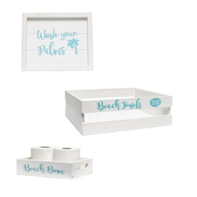 Elegant Designs 3 Piece Home Farmhouse Decorative Coastal/Beach Wood Bathroom Set, Small (1 Towel and 1 Toilet Paper Holder, 1 Frame) - White Wash