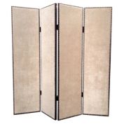 Saltoro Sherpi 4 Panel Foldable Fabric Screen with Nailhead Trims, Beige and Black-