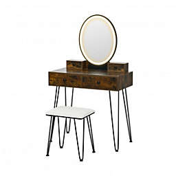 Costway Vanity Table Set with 3-Color Lighted Dimmable Mirror-Natural