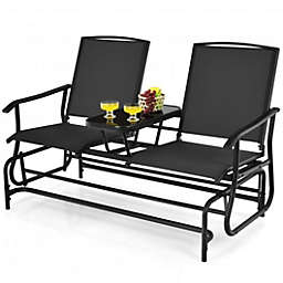Costway 2-Person Double Rocking Loveseat with Mesh Fabric and Center Tempered Glass Table-Black
