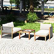 Gymax 3PCS Patio Acacia Wood Sofa Furniture Set Thick Cushion W/ Nylon Rope Armrest White