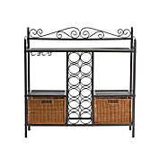 Slickblue Kitchen Dining Baker&#39;s Rack with Wine Storage and Rattan Baskets