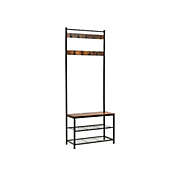Benzara Wood and Metal Frame Hall Tree with Slatted Shelves, Rustic Brown and Black