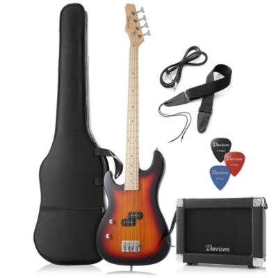 Davison Guitars Left Handed Electric Bass Guitar with 15-Watt Amp - 4 String Full Size Beginner Kit with Gig Bag and Accessories