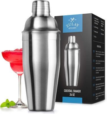 Zulay Kitchen Cocktail Shaker with Built-in Strainer (24oz) - Silver