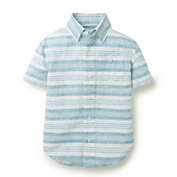 Hope & Henry Boys&#39; Linen Short Sleeve Button Down Shirt (Blue Stripe, 12-18 Months)