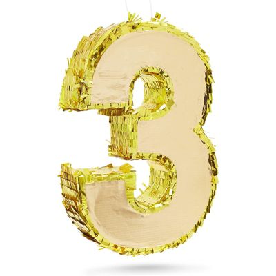 Blue Panda Gold Foil Number 3 Pinata for 3rd Birthday Party Decorations, Centerpieces, Anniversary Celebrations (Small, 15.5 x 10.5 x 3 In)