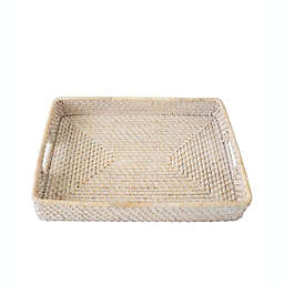 Madeterra Large Rectangular White Rattan Serving Trays with Handles