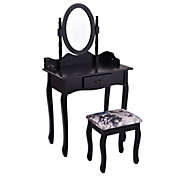Slickblue Wooded Vanity Table Set with Oval Mirror and Rotating Mirror-Black