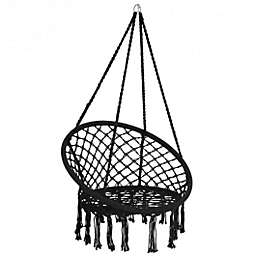 Costway-CA Hanging Macrame Hammock Chair with Handwoven Cotton Backrest-Black