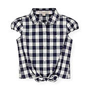 Hope & Henry Girls&#39; Tie-Front Button Down Top (Navy Check, 12-18 Months)