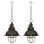 Zeckos Set of 2 Antique Farmhouse LED Pendant Light Battery Operated with Timer Hanging Accent Lamp - 8.75 inches Diameter - Dark Brown Finish