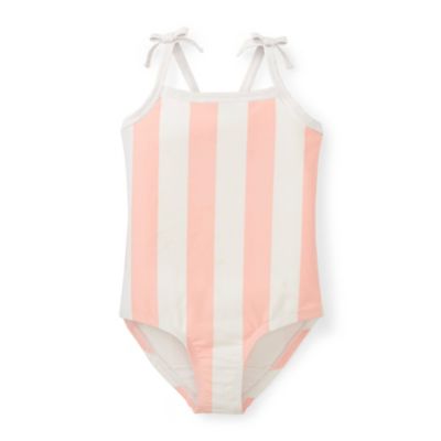 Hope & Henry Girls&#39; Pink and White Striped Cross Back Swim Containing Recycled Fibers, Pink and White, 4