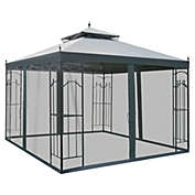 Outsunny 10&#39; x 10&#39; Steel Outdoor Patio Gazebo Canopy with Removable Mesh Curtains, Display Shelves, & Steel Frame, Grey