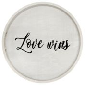 Elegant Designs Decorative 13.75" Round Wood Serving Tray with Handles, "Love Wins"