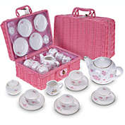 Jewelkeeper Porcelain Tea Set for Little Girls with Pink Picnic Basket, Floral Design, 13 Pieces
