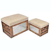 Contemporary Home Living Set of 2 Brown and Beige Cushioned Wood Storage Benches with Interior Storage 21.25"