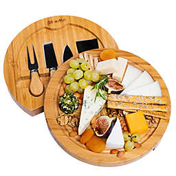 BlauKe Bamboo Cheese Board and Knife Set - 10 Inch Swiveling Charcuterie Board with Slide-Out Drawer
