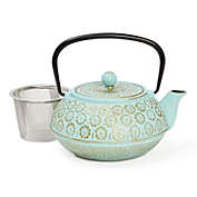 Juvale Cast Iron Tea Kettle, Teal Floral Teapot with Infuser (34 Ounces)