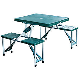 Outsunny Portable Foldable Camping Picnic Table Set with Four Chairs and Umbrella Hole, 4-Seats Aluminum Fold Up Travel Picnic Table, Green